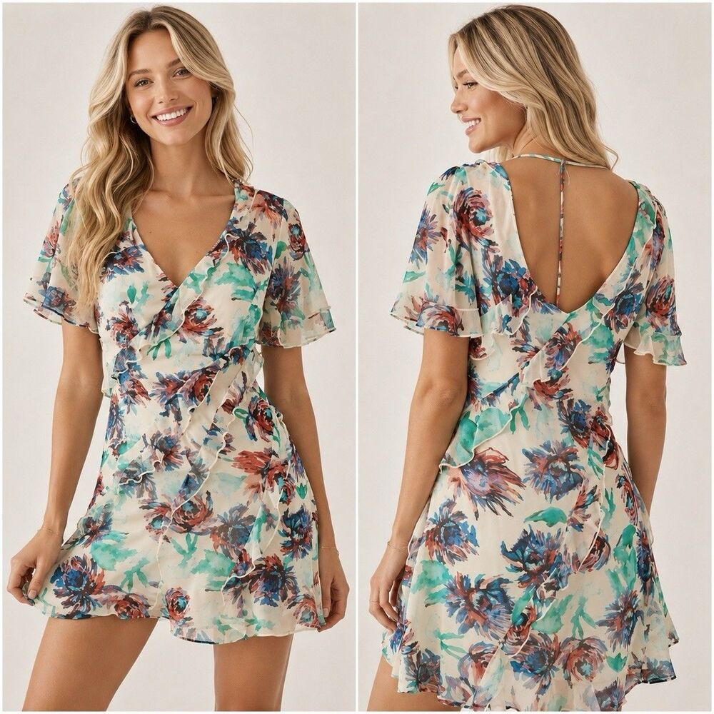 Anthropologie Floral Watercolor Mini Dress Tunic Ruffle Flutter Sleeve V Neck S